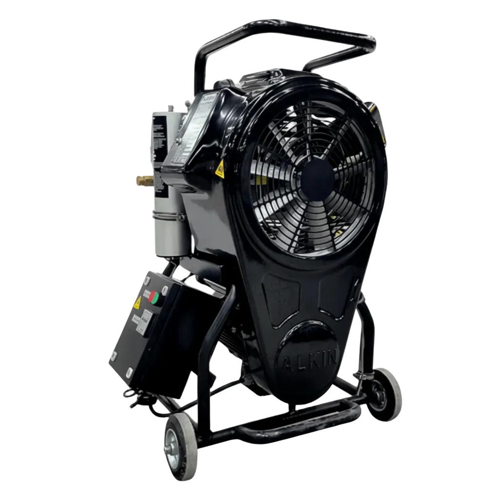 A black Alkin W31 Mariner breathing air compressor on wheels with a large fan on top.