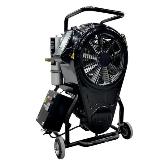 A black Alkin W31 Mariner breathing air compressor on wheels with a large fan on top.