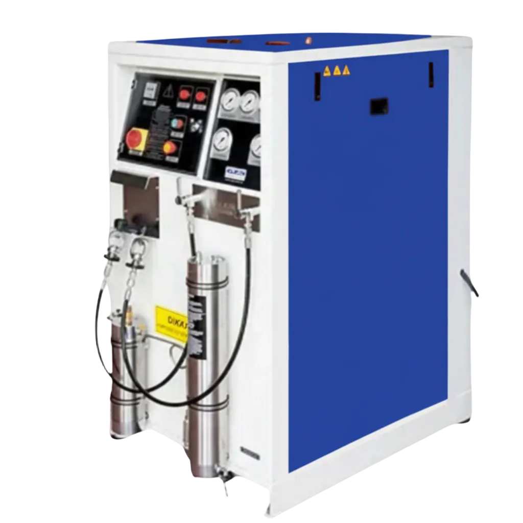 A vertical image of a blue and white Alkin W32 canopy compressor with control panels, gauges, and air hoses.