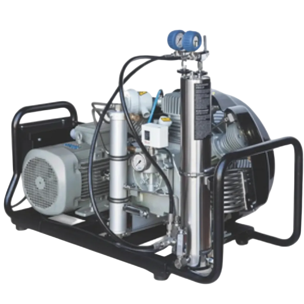 A portable breathing air compressor with black color chassis, branded Alkin, designed for maritime and emergency services use.